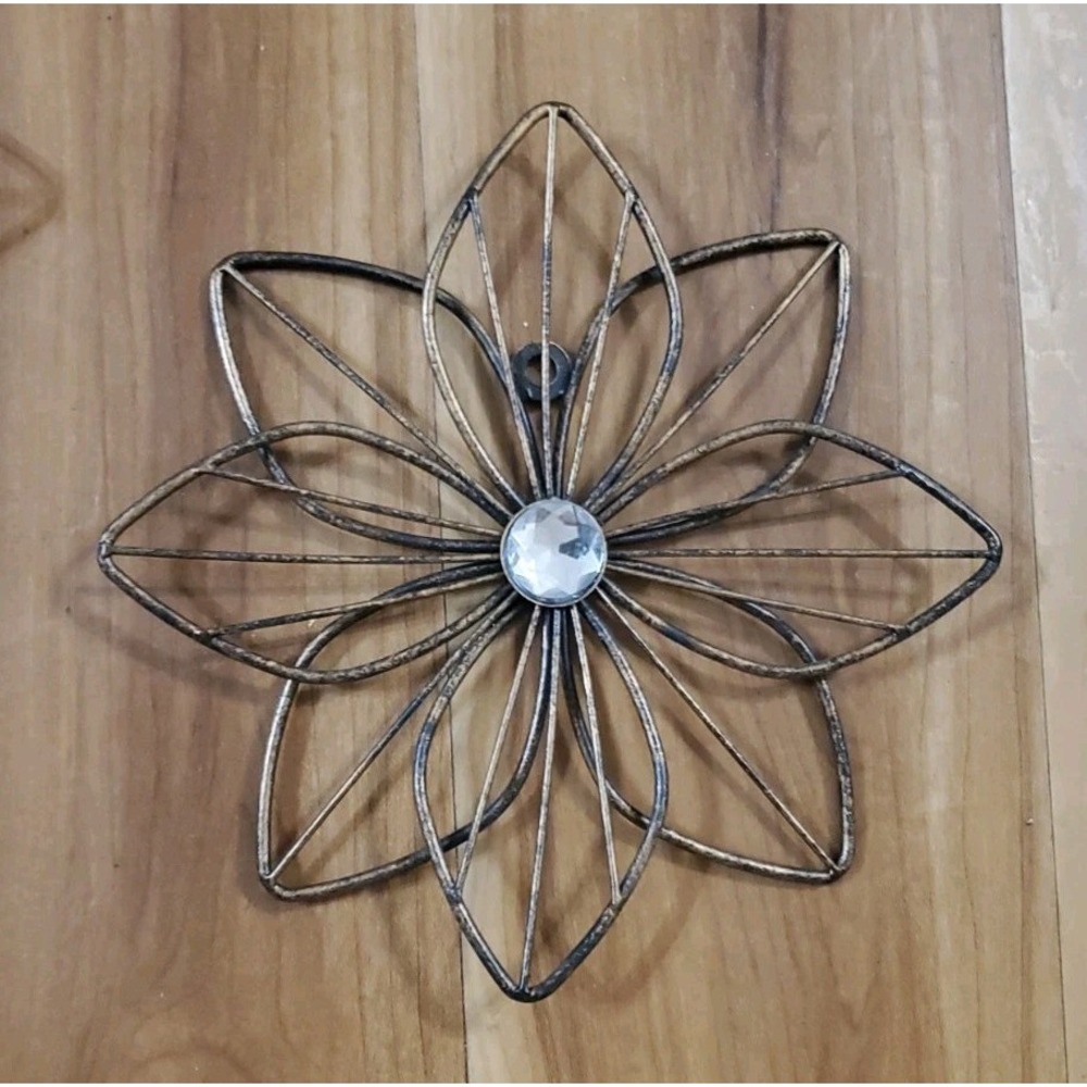 Set of 6 Shabby Chic Black Wire Layered Metal Wall Flowers Faux Diamond Center - Picture 7 of 9
